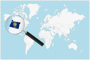 Magnifying glass showing a map of Oregon on a world map. vector