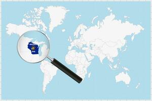 Magnifying glass showing a map of Wisconsin on a world map. vector