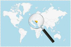 Magnifying glass showing a map of Bosnia and Herzegovina on a world map. vector