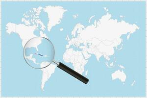 Magnifying glass showing a map of Cuba on a world map. vector