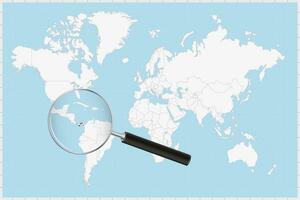 Magnifying glass showing a map of Panama on a world map. vector