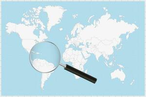 Magnifying glass showing a map of Grenada on a world map. vector