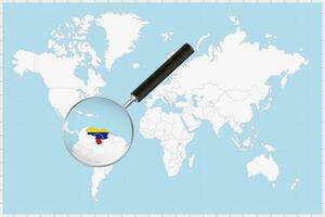 Magnifying glass showing a map of Venezuela on a world map. vector