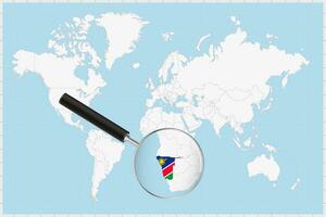 Magnifying glass showing a map of Namibia on a world map. vector