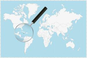 Magnifying glass showing a map of Jamaica on a world map. vector