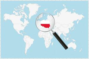 Magnifying glass showing a map of Poland on a world map. vector