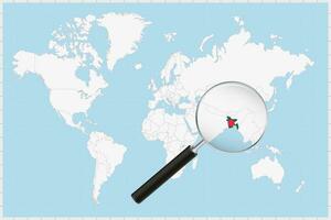 Magnifying glass showing a map of Bangladesh on a world map. vector