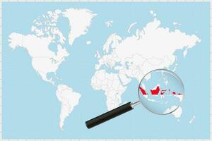 Magnifying glass showing a map of Indonesia on a world map. vector