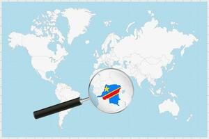 Magnifying glass showing a map of DR Congo on a world map. vector