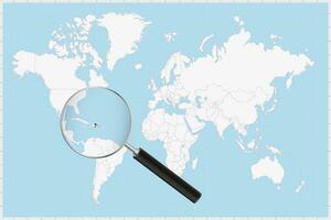 Magnifying glass showing a map of Dominican Republic on a world map. vector