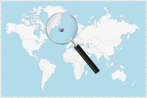 Magnifying glass showing a map of Iceland on a world map. vector