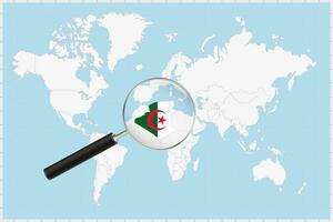 Magnifying glass showing a map of Algeria on a world map. vector