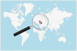 Magnifying glass showing a map of Serbia on a world map. vector