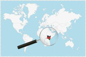 Magnifying glass showing a map of Kenya on a world map. vector