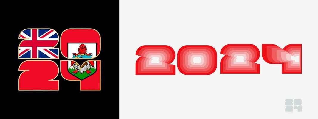 Year 2024 with flag of Bermuda and in color palate of Bermuda flag. Happy New Year 2024 in two different style.