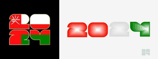 Year 2024 with flag of Oman and in color palate of Oman flag. Happy New Year 2024 in two different style. vector