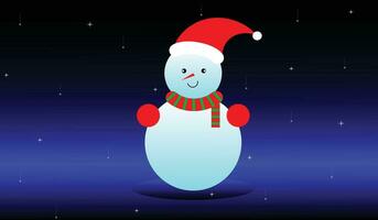 Merry Christmas background with snow drifts landscape, snowman, gift and Christmas trees. Vector illustration