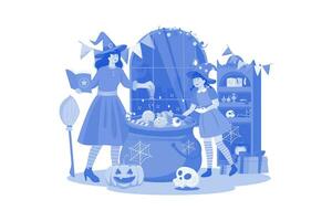 madre e hija están preparando comida para la fiesta de halloween. vector