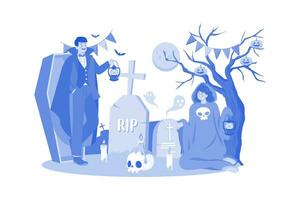 The Couple Dressed Up As Demons And Ghosts With Tombstones, Skulls, And Candles. vector