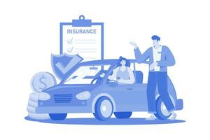 Beautiful Young Woman In A Red Car Is Talking To A Car Insurance Salesman vector