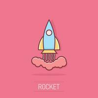 Vector cartoon rocket icon in comic style. Startup launch sign illustration pictogram. Rocket business splash effect concept.