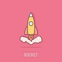 Vector cartoon rocket icon in comic style. Startup launch sign illustration pictogram. Rocket business splash effect concept.