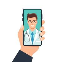 Doctor with a stethoscope on the phone screen. Online medical consultation. Vector illustration