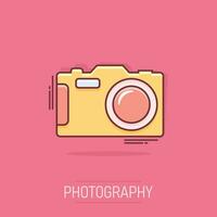 Vector cartoon photo camera icon in comic style. Photographer cam sign illustration pictogram. Camera business splash effect concept.