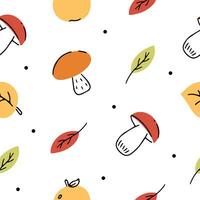 Simple seamless pattern with forest elements, mushrooms and leaves. Cute background design for autumn decor, packaging, textile, fabric, wrapping paper. Hand drawn vector illustration