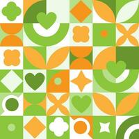 Seamless pattern with square grid, simple abstract geometric shapes of plants, leaves, heart. Vector graphics.