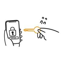 hand drawn doodle person Open the locked device screen with the key vector