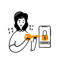 hand drawn doodle person Open the locked device screen with the key vector