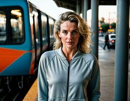 AI generated photo of middle aged woman with tracksuit sports standing in front of metro train station , generative AI