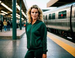 AI generated photo of middle aged woman with tracksuit sports standing in front of metro train station , generative AI