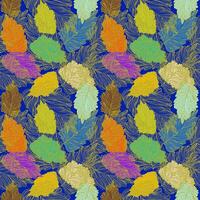 Seamless pattern of multicolored leaves on gold line leaves, dark blue background. Vector image.