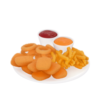 fast food menu 3d clipart, set of fries, nuggets and onion rings with dipping sauces png