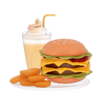 fast food menu 3d clipart, Classic cheeseburger with a nuggets and a soft drink png