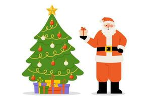 Santa Claus character holding gifts in hand near Christmas Tree vector