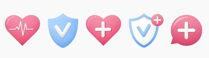 Heart with pulse, shield with checkmark, medical cross, icon collection vector