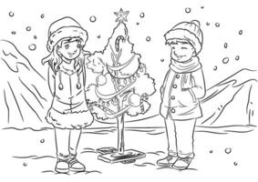 chico y niña jugando con Navidad árbol. colorante página para niños. vector