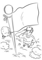 A man gives a salute to the national flag. Coloring page for kids. vector