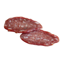 dois fatias do curado salame salsicha- png