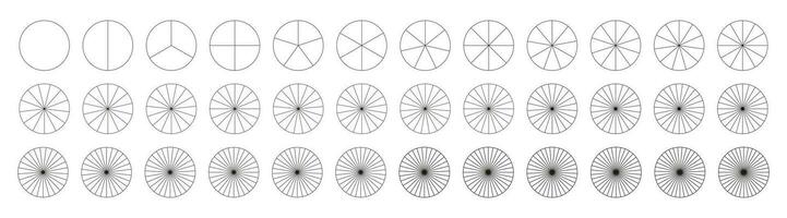 Segmented infographic charts collection. Many number of sectors divide the circle on equal parts. Set of pie, pizza charts. Presentation template element from 1 to 36 segments. Diagram wheel parts. vector