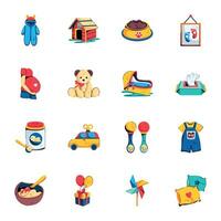 Pack of Baby Apparel and Toys Flat Icons vector