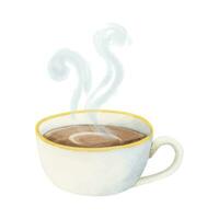 Coffee cup with hot cappuccino, hot chocolate or cocoa with steam and smoke vector watercolor illustration for cafe menus