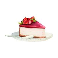 Strawberry cheesecake dessert slice on a plate with spoon watercolor illustration for menus and flyers vector