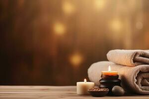 AI generated Spa brown background with towels, candles and copy space. AI generated. photo