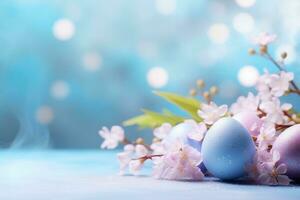 AI generated Colorful Easter eggs and blooming pink flowers on light blue background, copy space. AI generated. photo