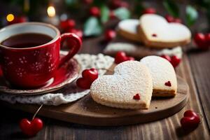 AI generated Homemade heart shaped cookies and a cup of tea or coffee on wooden table. Valentine's day celebration. AI generated. photo