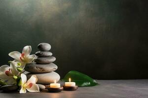 AI generated Spa gray background with massage stones, exotic flowers and copy space. AI generated. photo
